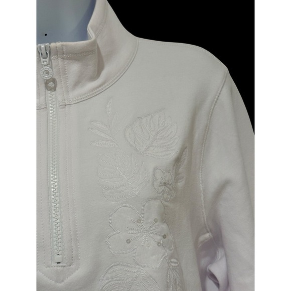 Tommy Bahama Women Pullover XL White 1/2 Zip Embroidered Floral Sequins Cotton - Picture 3 of 11